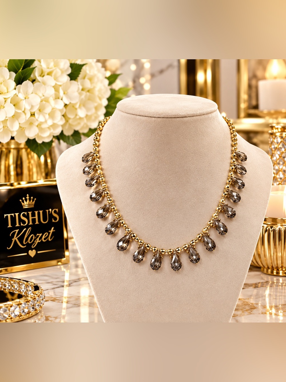 Gold-Tone Faceted Crystal Teardrop Fringe | Crystal Briolette Necklace with box!